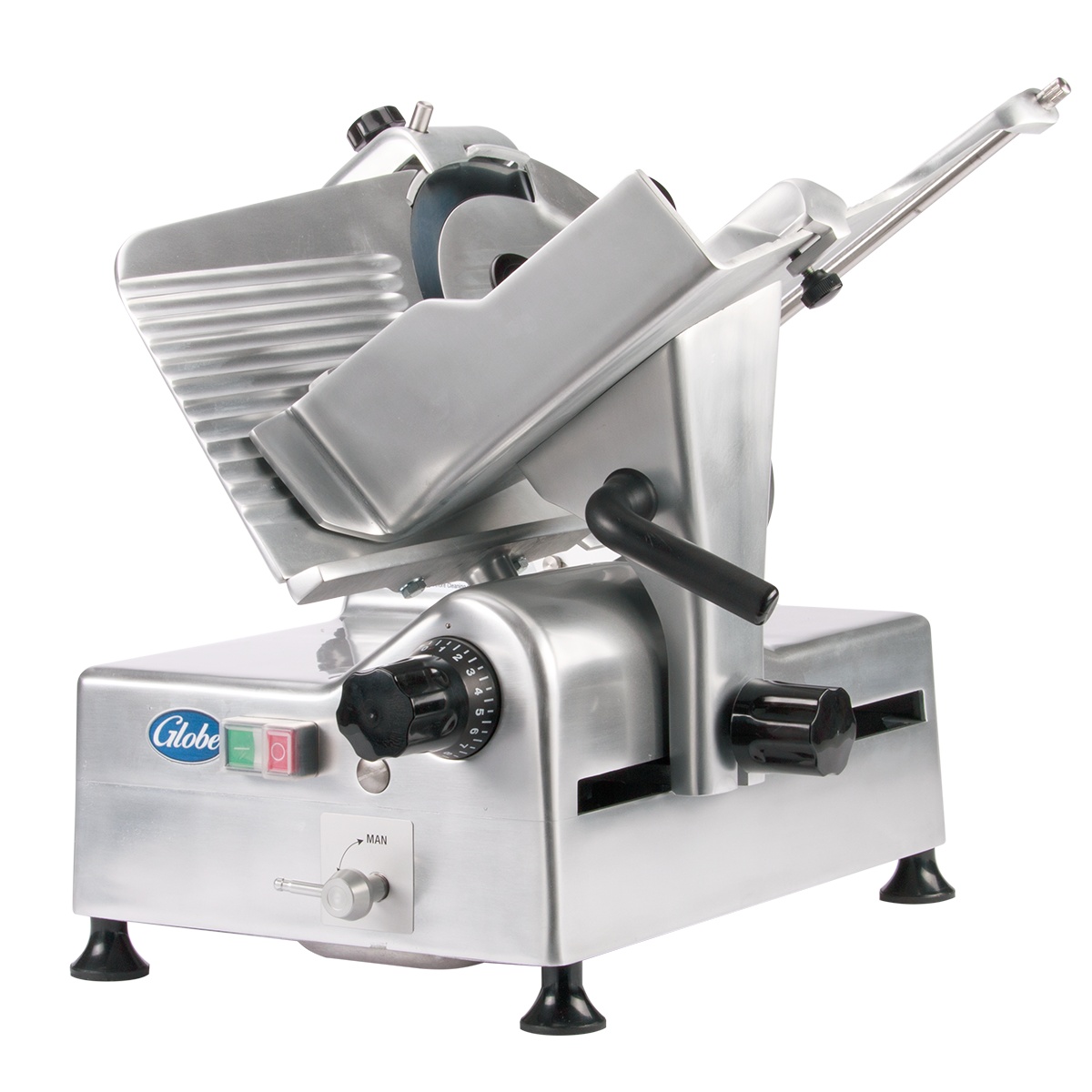 Three quarter view of Globe G12A automatic slicer showing carriage angle and thickness adjustment knob