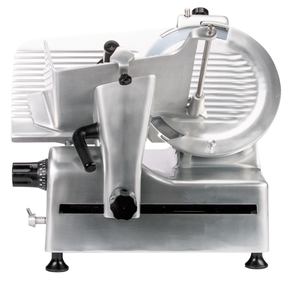 Top angled view of Globe G12A slicer showing food carriage and 12 inch blade area