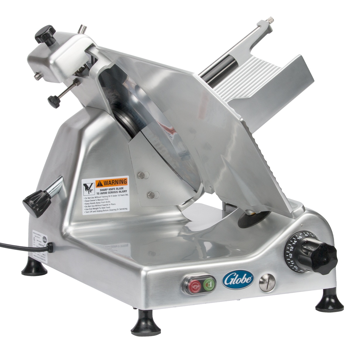 Globe G14 manual slicer with angled food chute and thickness adjustment knob