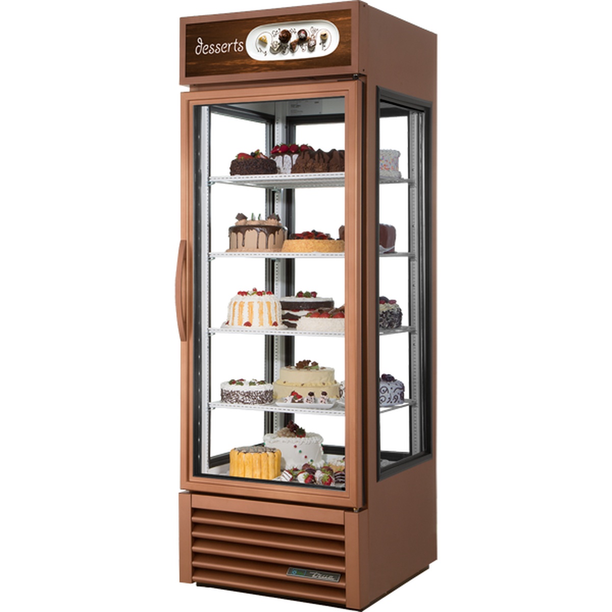 True G4SM-23-HC~TSL01 specialty retail refrigerated display case with copper powder-coat exterior, four glass sides, and four wire shelves loaded with desserts