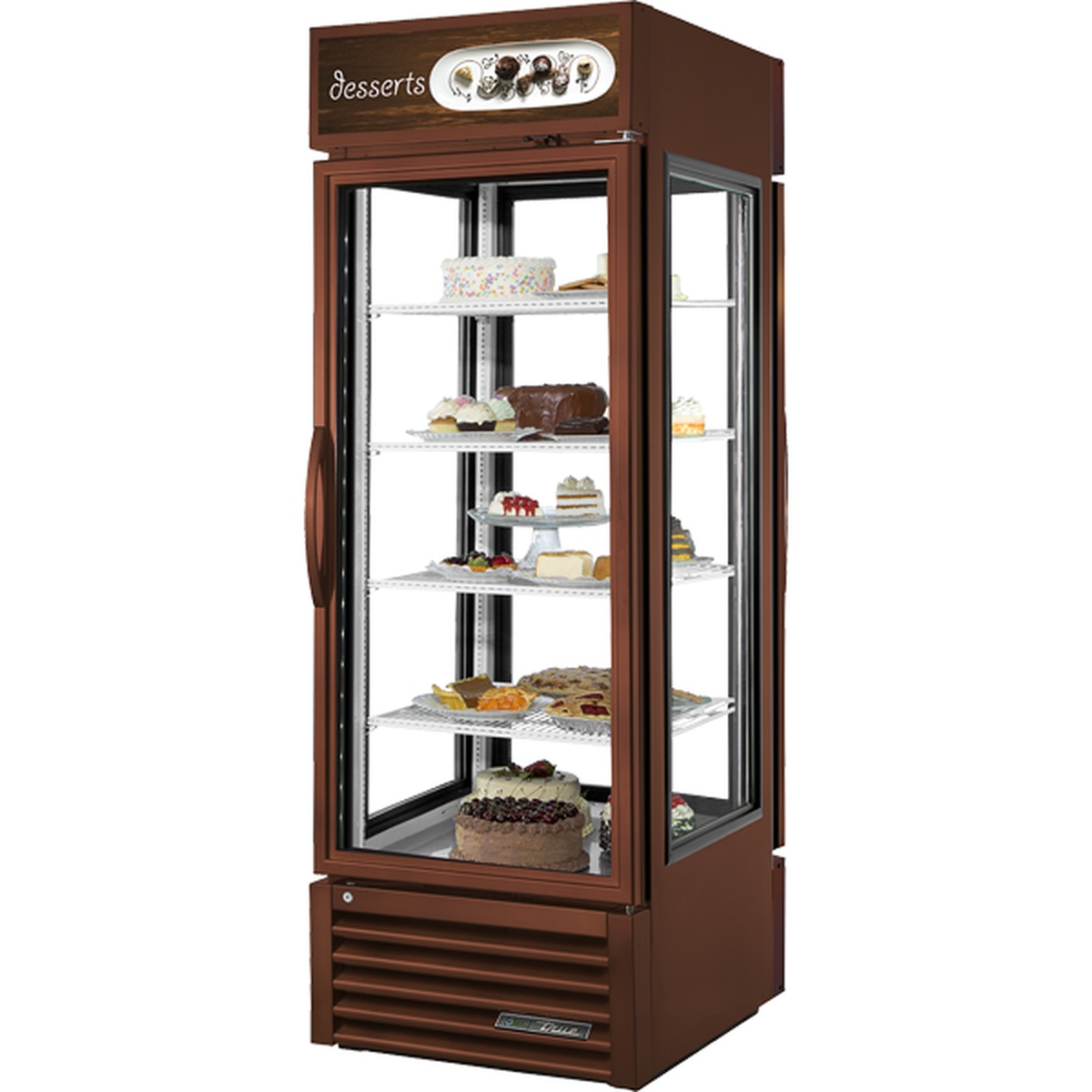 True G4SM-23PT-HC~TSL01 pass-thru refrigerated bakery display case with four glass sides, multiple wire shelves loaded with cakes and pastries, and illuminated desserts sign panel