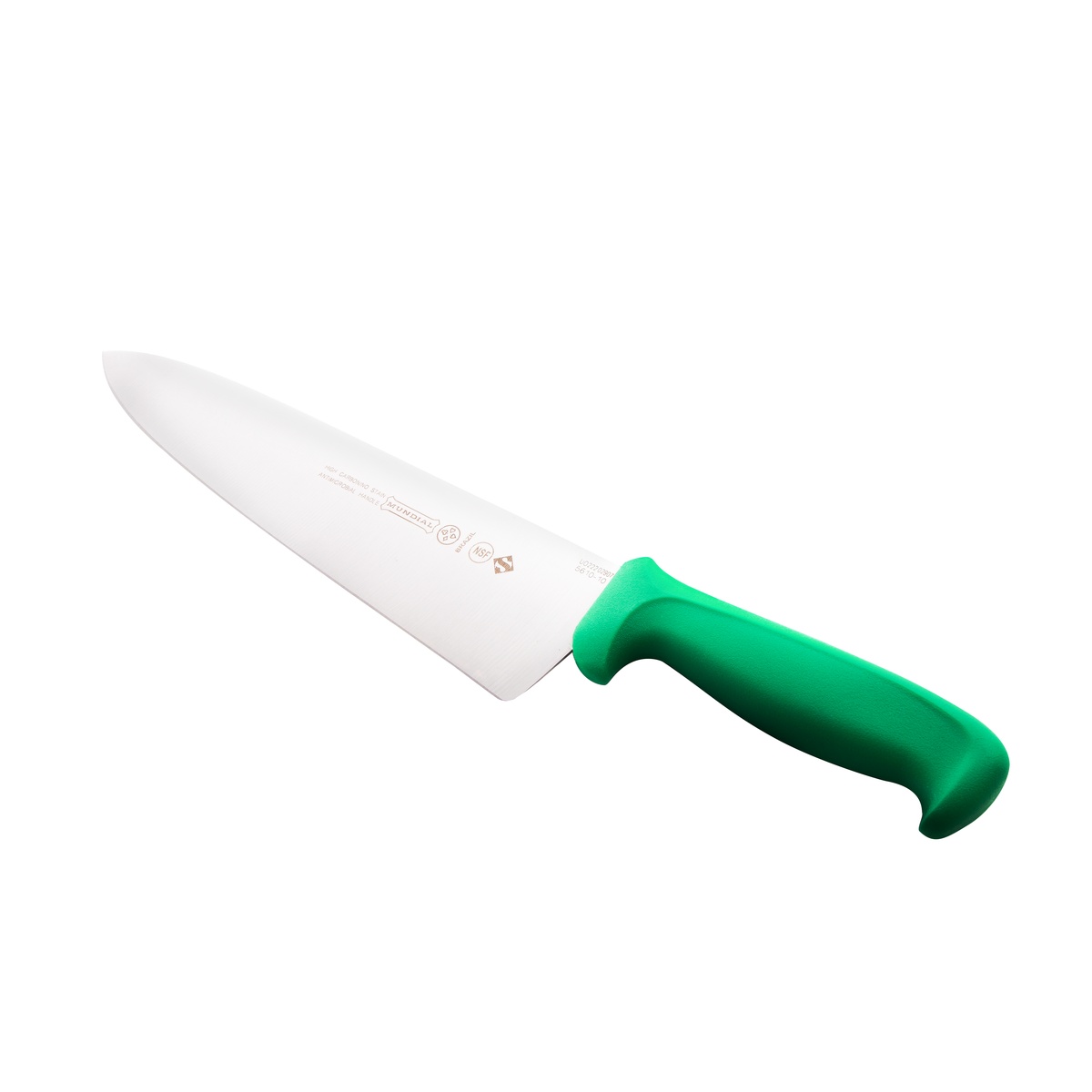 Mundial G5610-10 chef's knife angled view showcasing the full blade length and green handle