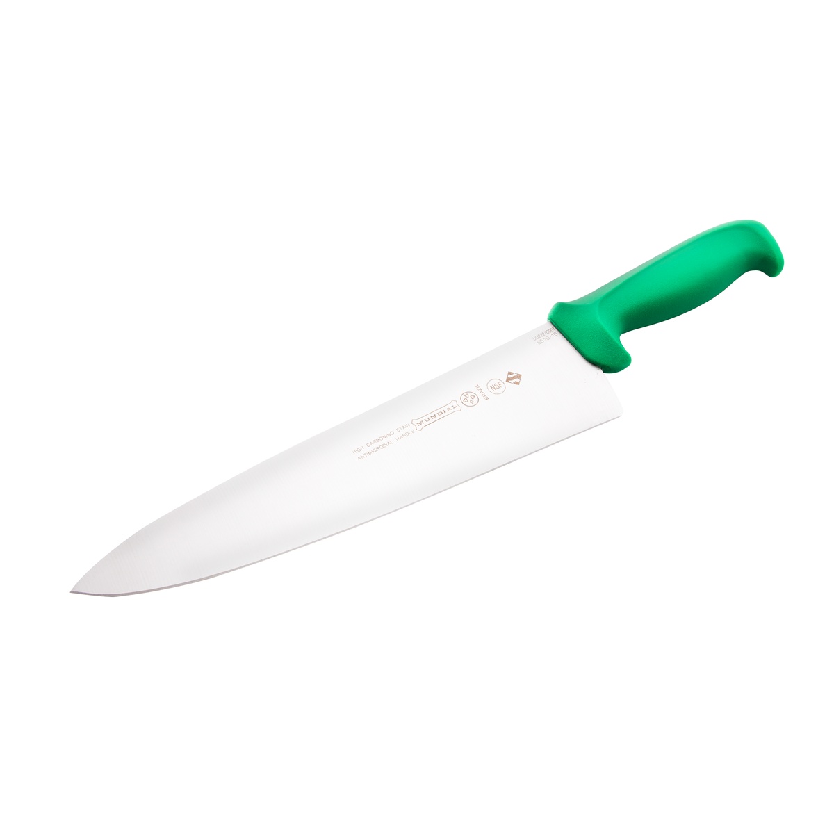 Mundial G5610-10 10-inch cook's knife with green polypropylene handle and wide stainless steel blade, full profile view