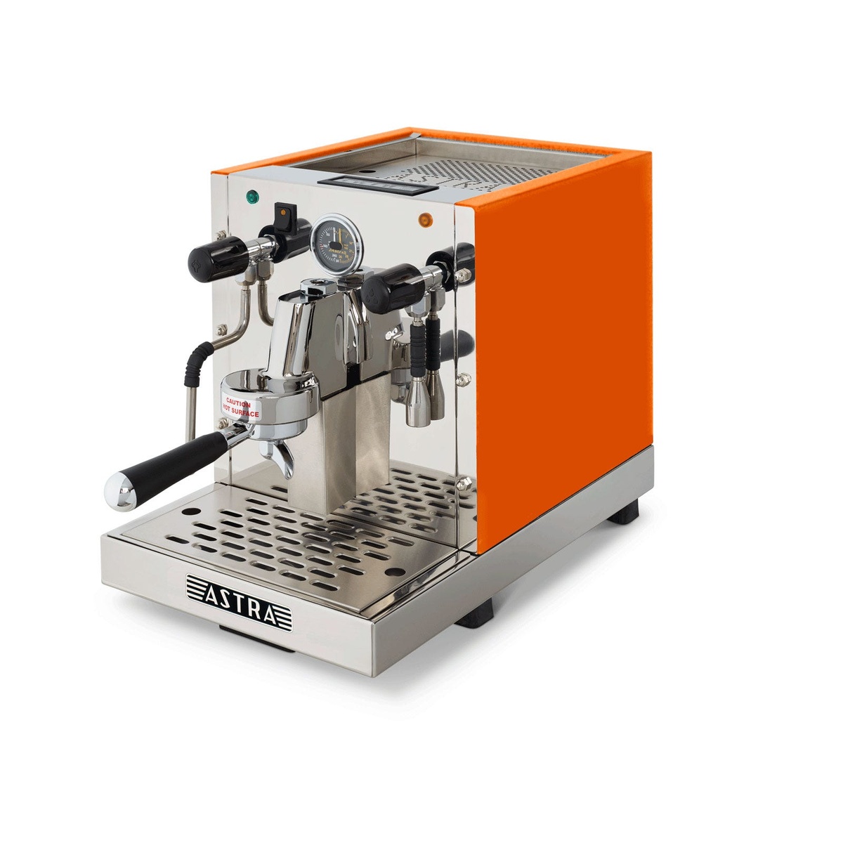 Astra GA 021 espresso machine in bold orange side panel finish, three-quarter view