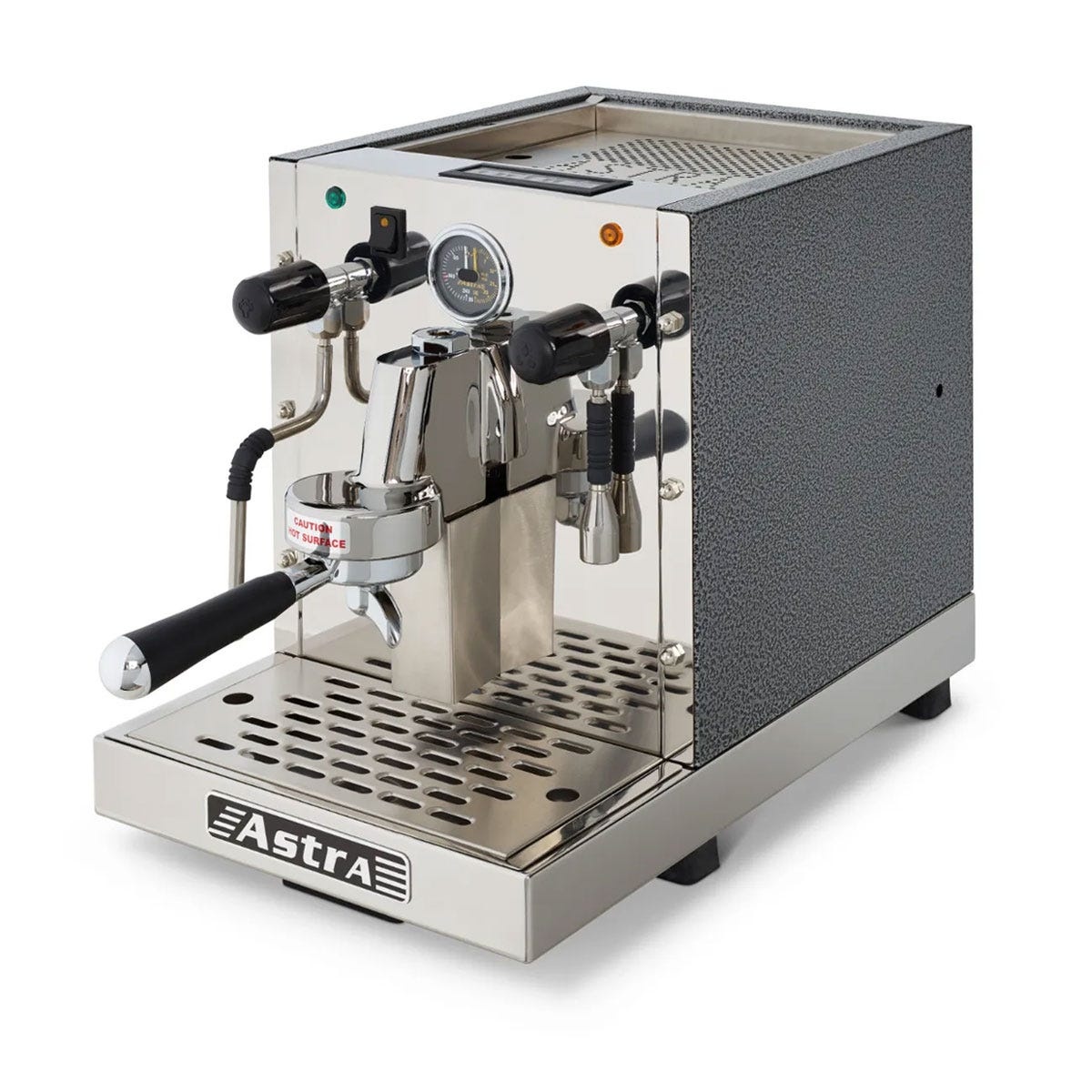Astra GA 021 espresso machine in charcoal textured finish, three-quarter view showing group head, pressure gauge, steam wand, and drip tray