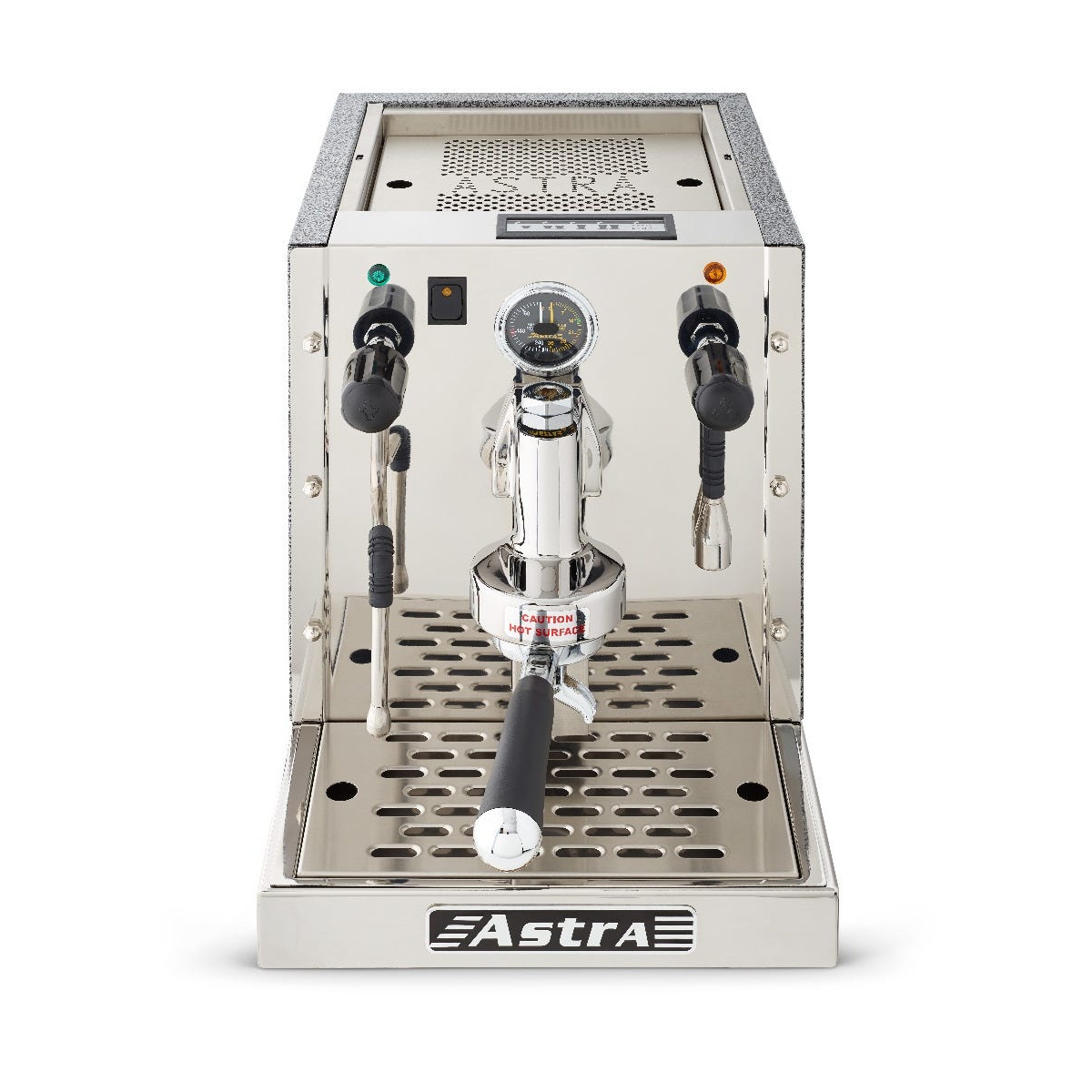 Astra GA 021 espresso machine in white and silver finish, straight-on front view showing dual wands, pressure gauge, and portafilter