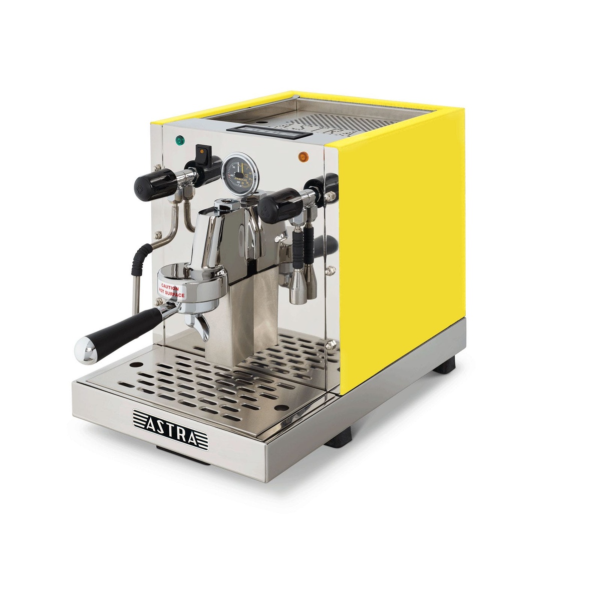 Astra GA 021 espresso machine in bright yellow side panel finish, three-quarter view