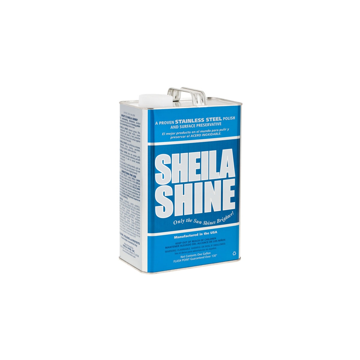 Sheila Shine one-gallon metal can shown at an angle revealing the side label with directions and product information