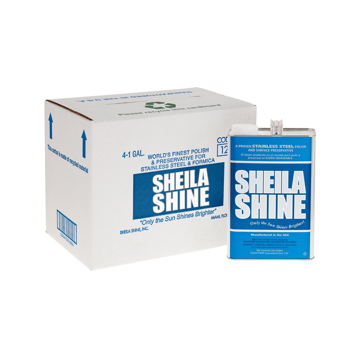 Sheila Shine one-gallon can beside its shipping case, labeled 4-1 Gal. World's Finest Polish and Preservative