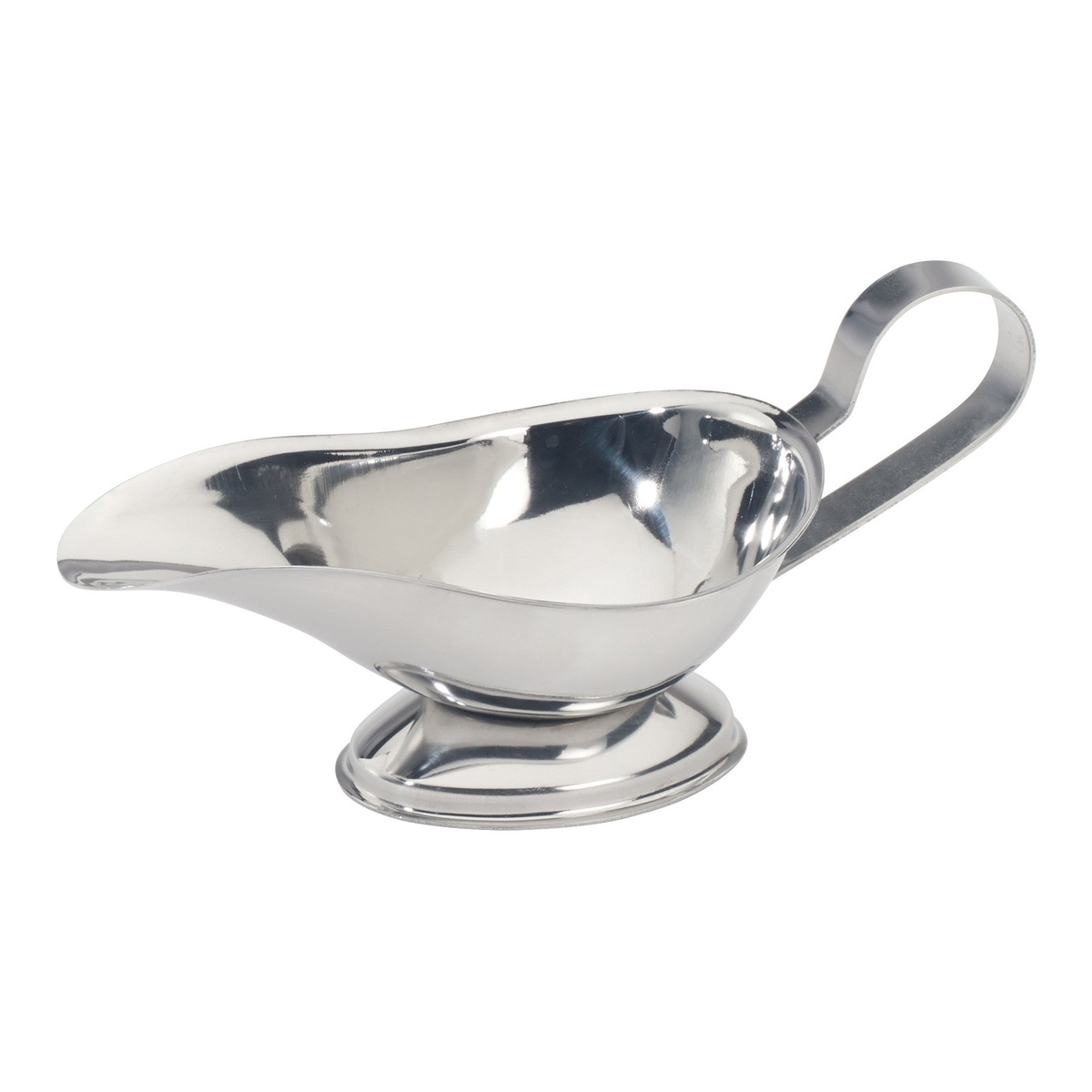 Winco GBS-3 3 oz stainless steel gravy boat with pedestal base and ergonomic handle