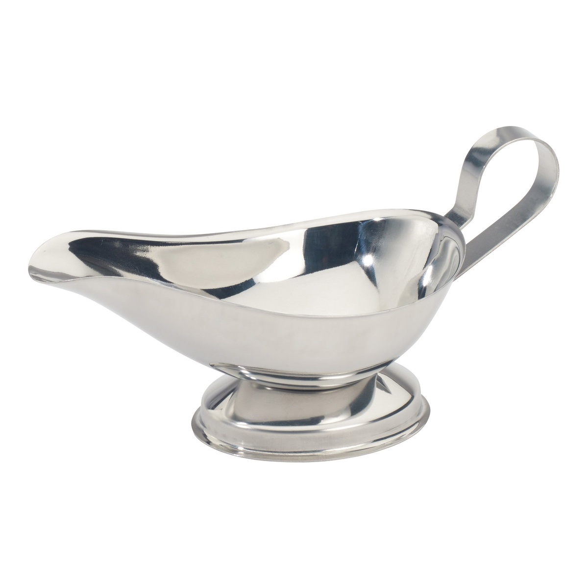 Winco GBS-5 5 oz stainless steel gravy boat with mirror finish, tapered spout, pedestal base, and ergonomic handle