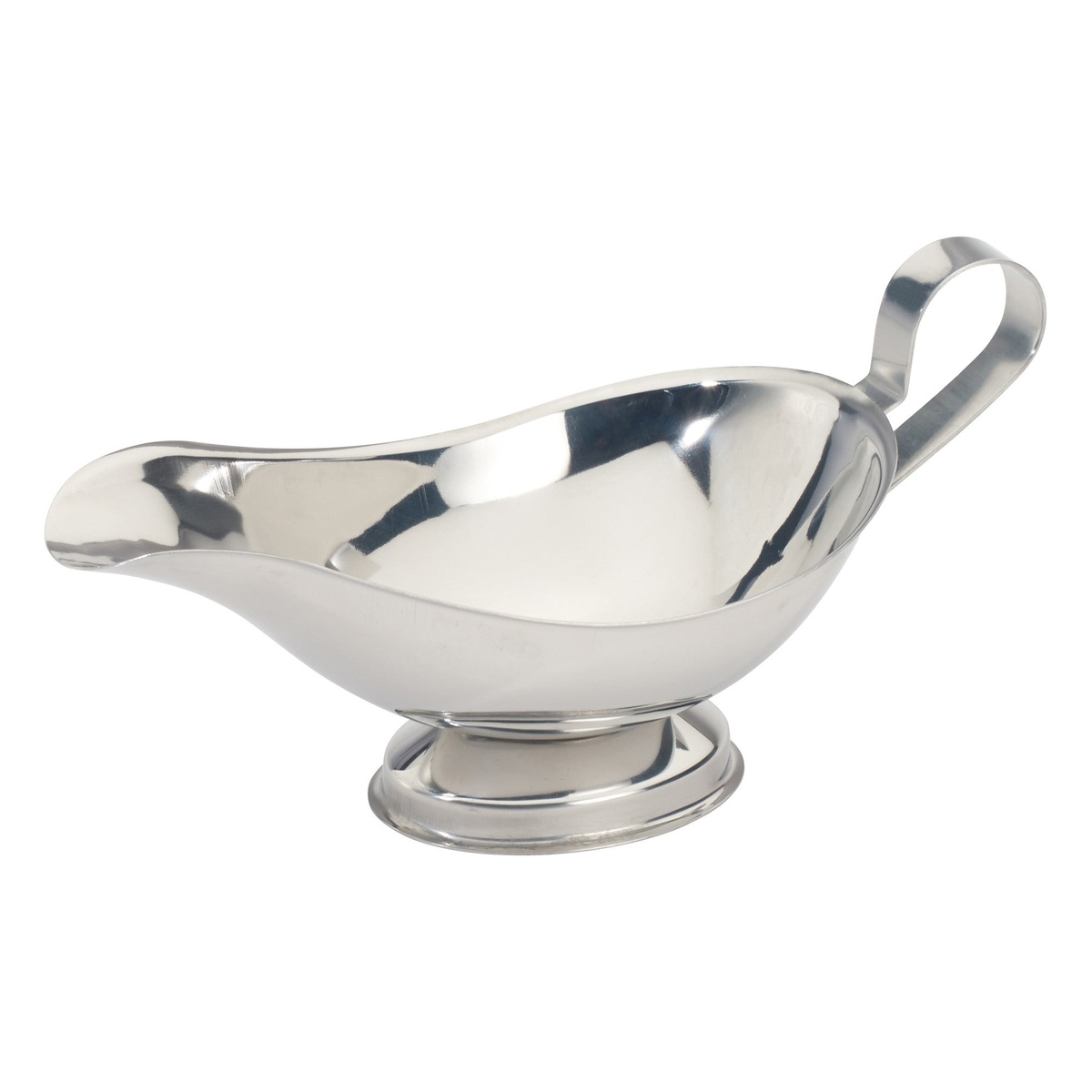 Winco GBS-8 8 oz stainless steel gravy boat with ergonomic handle and pedestal base