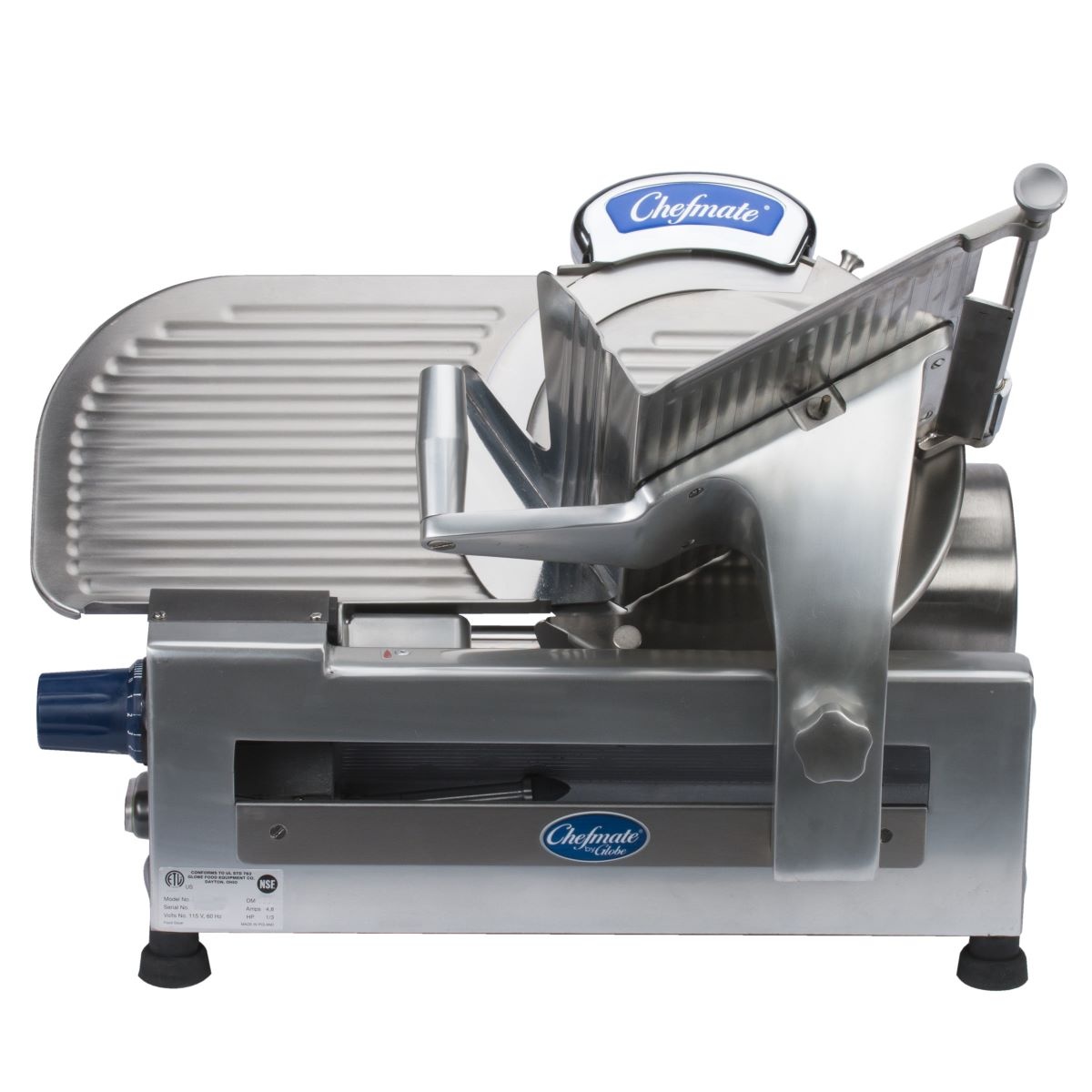 Globe Chefmate GC512 manual slicer side profile with 12 inch blade and product carriage