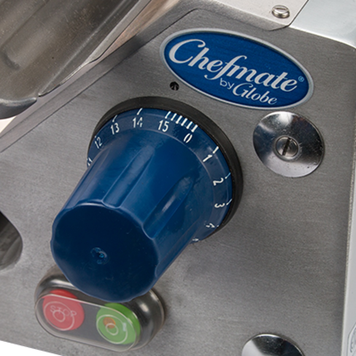 Close-up of GC512 slicer thickness adjustment dial and on off controls