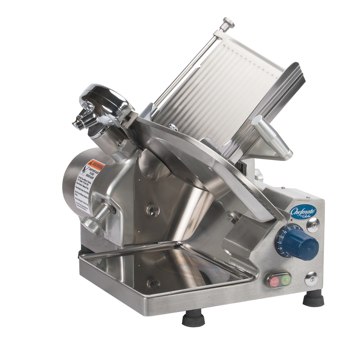 Front angle view of Globe Chefmate GC512 slicer showing blade area and controls
