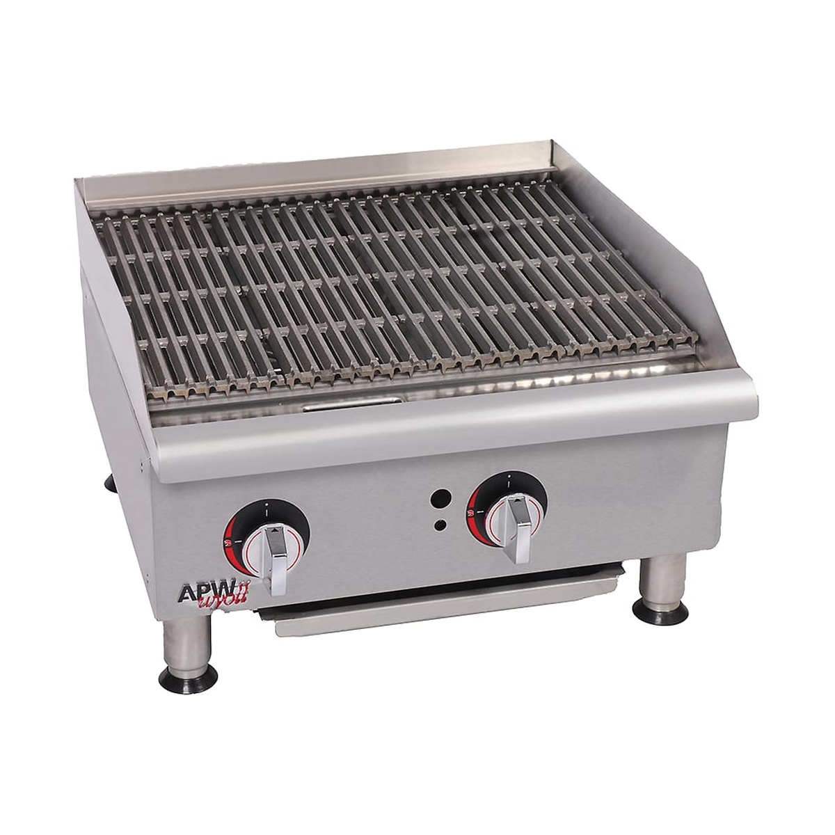 APW Wyott GCB-18S countertop gas charbroiler with dual control knobs and cast iron cooking grates