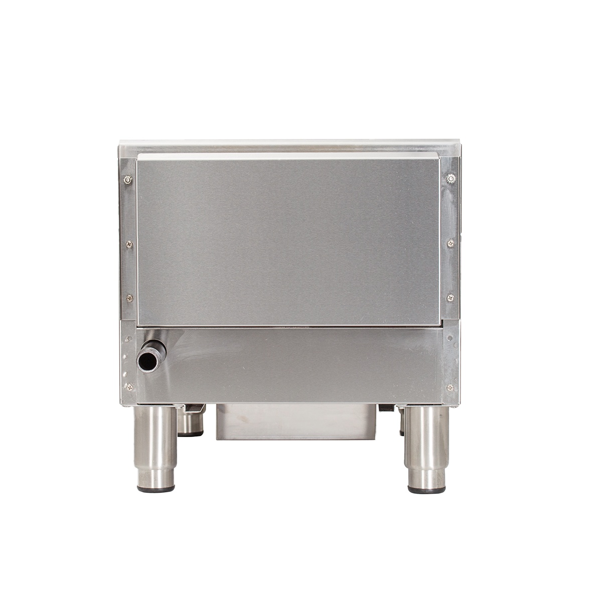 Rear view of Globe GCB15G-CR countertop charbroiler showing stainless steel back panel and legs