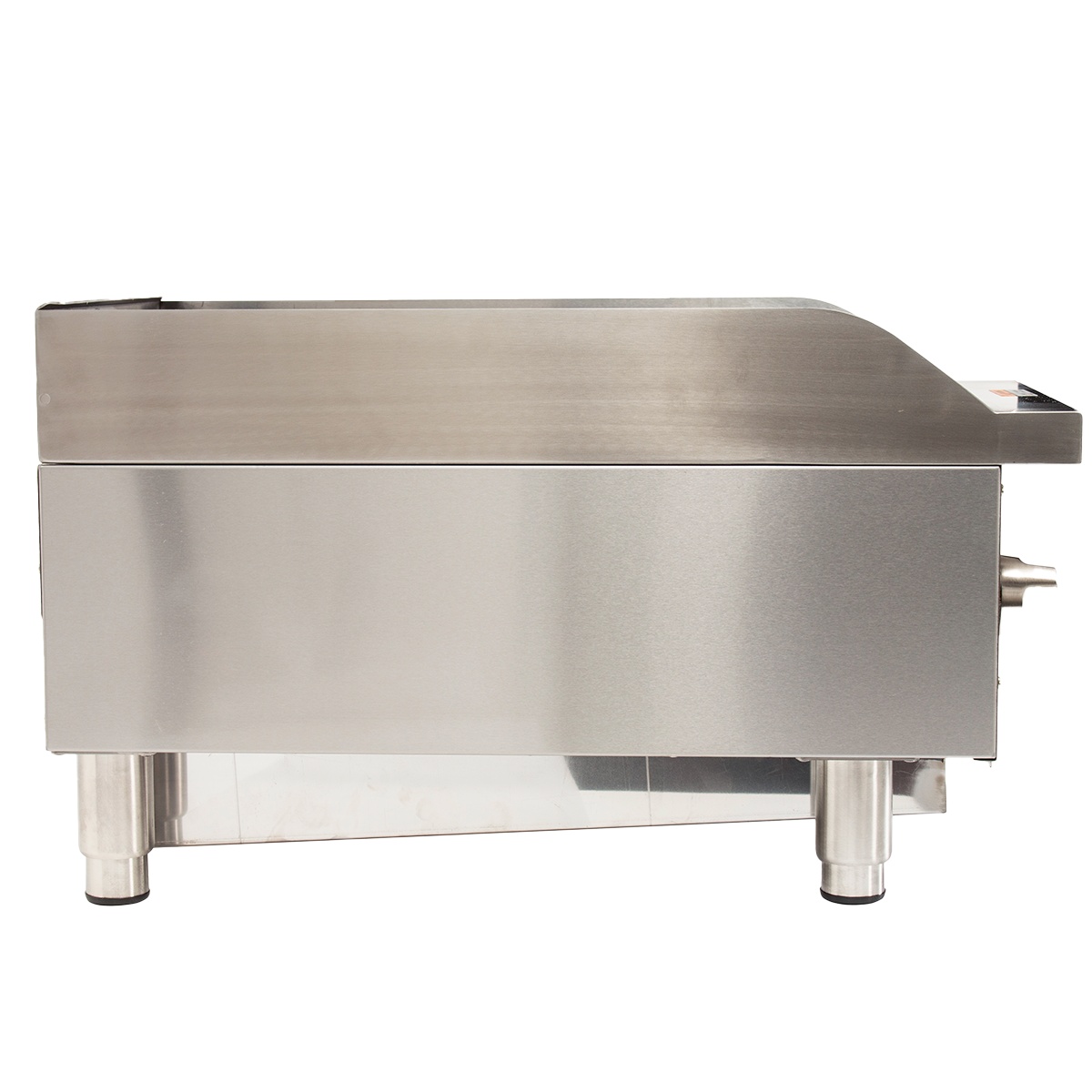 Side view of Globe GCB15G-CR gas charbroiler showing stainless steel body