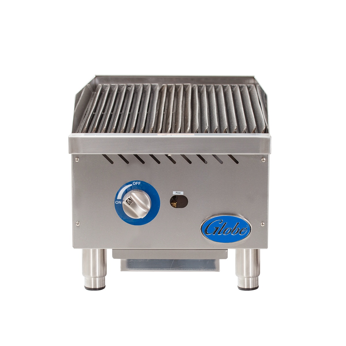 Front view of Globe GCB15G-CR charbroiler with control knob and cast iron grates