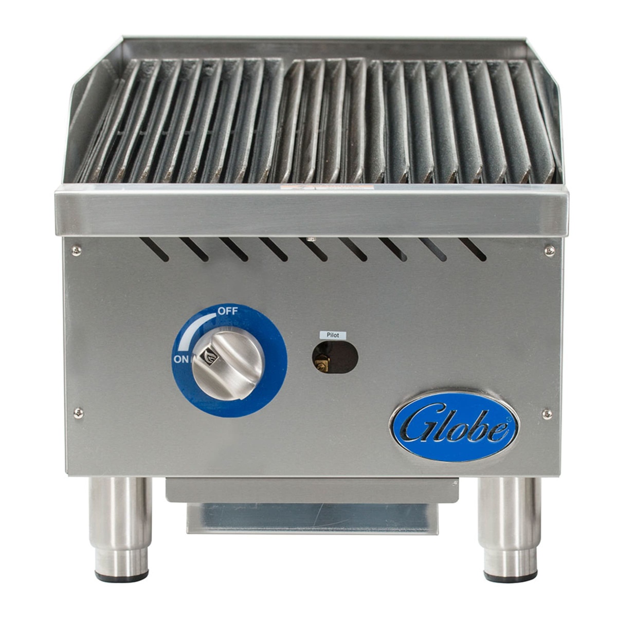 Front view of Globe GCB15G-SR charbroiler showing control knob, pilot access, and cast iron grate