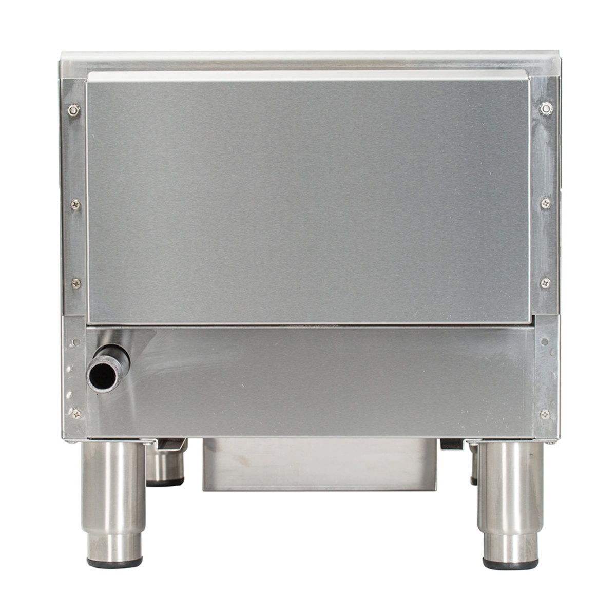Rear view of Globe GCB15G-SR countertop charbroiler showing stainless steel body and gas connection area
