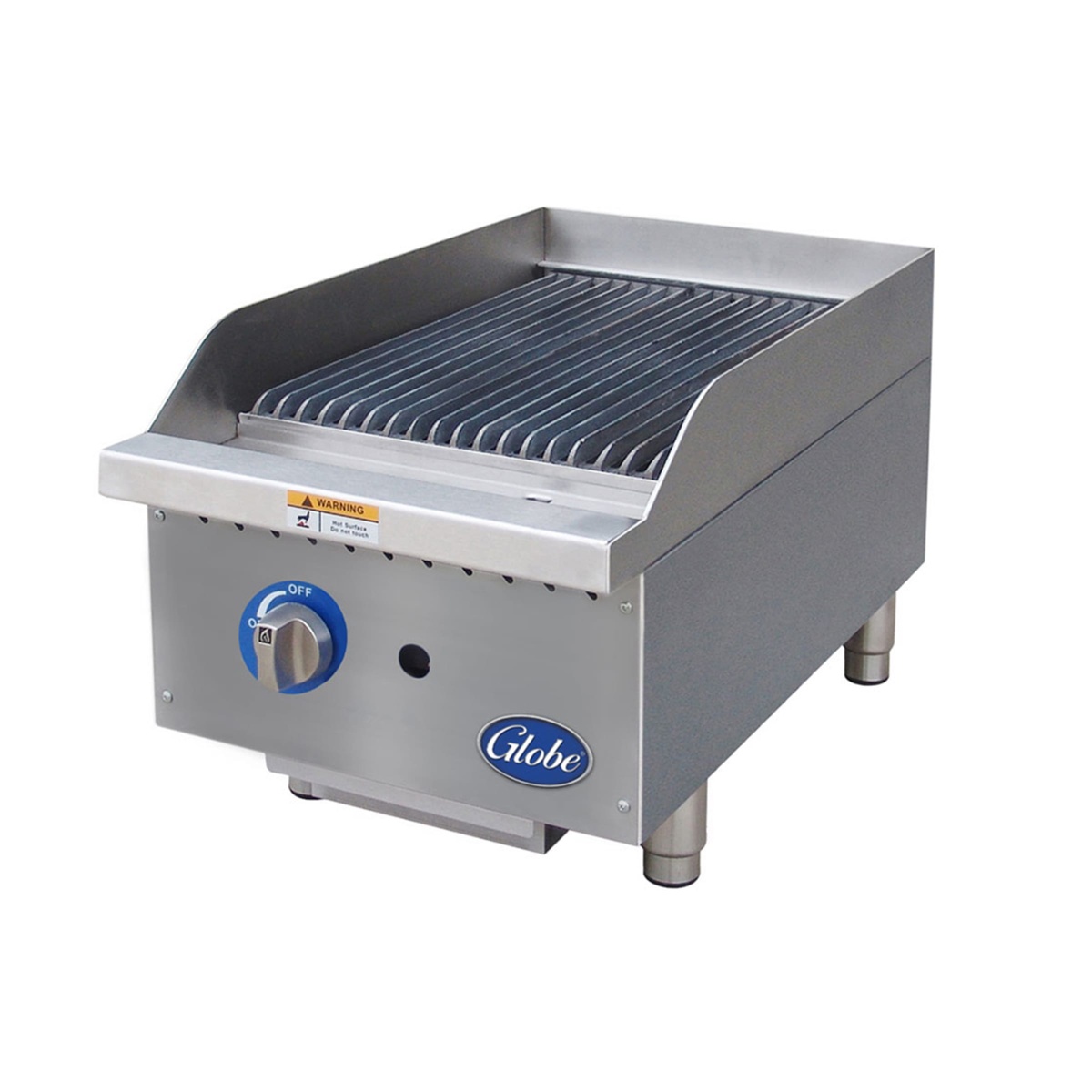 Angled view of Globe countertop charbroiler with side and rear splash guards and adjustable legs