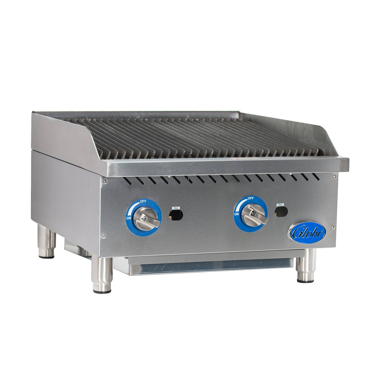 Front angle view of the Globe GCB24G-CR 24 inch gas countertop charbroiler