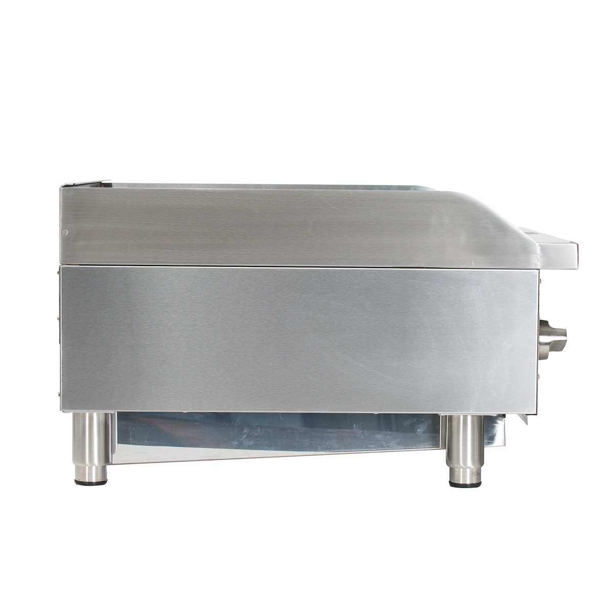 Side profile of Globe GCB24G-RK stainless steel countertop charbroiler
