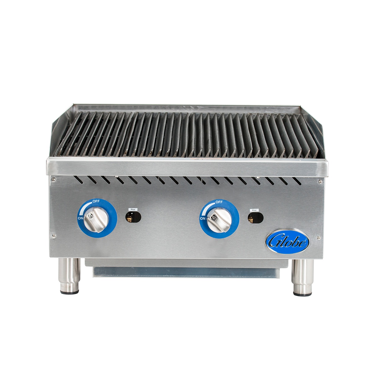 Front view of Globe GCB24G-RK 24 inch gas charbroiler with cast iron grates