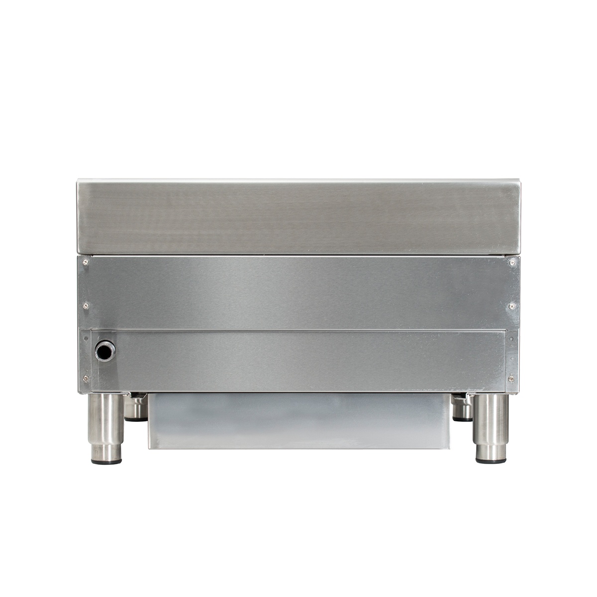 Rear view of Globe GCB24G-RK countertop charbroiler showing stainless back panel and legs