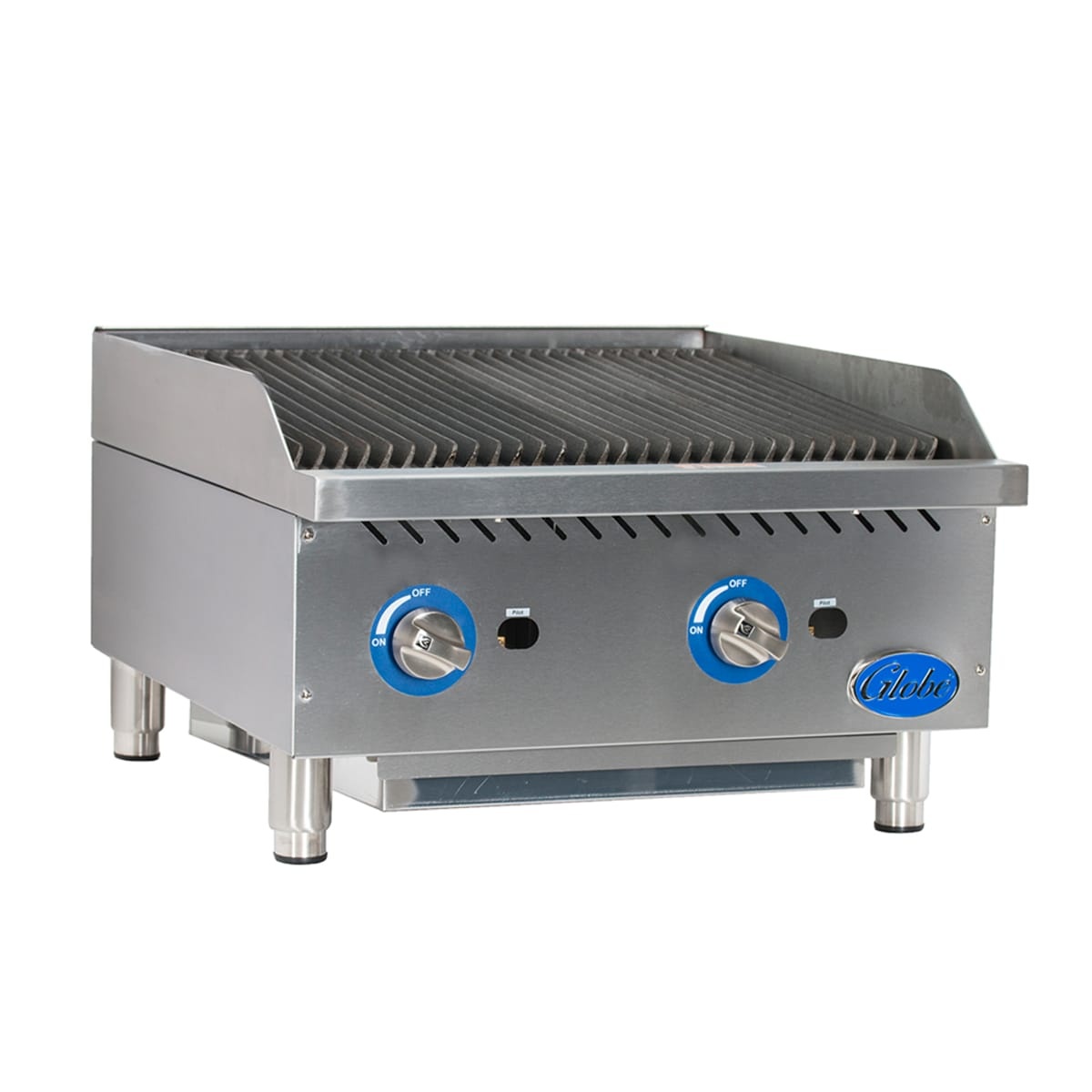 Front angled view of Globe GCB24G-SR 24 inch countertop gas charbroiler