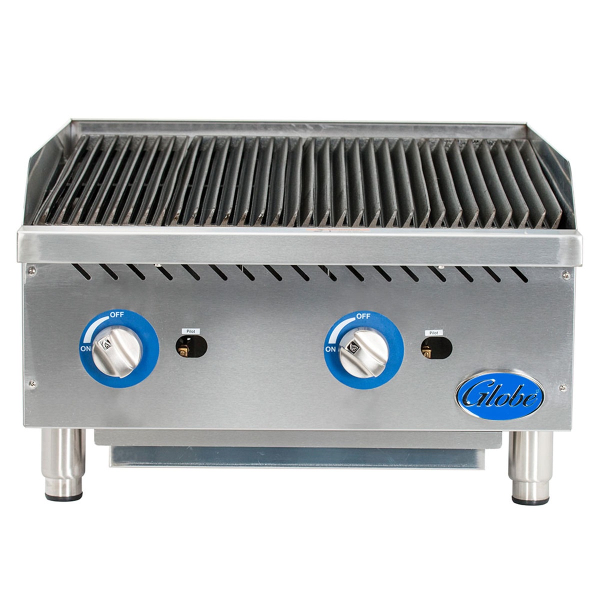 Front view of Globe GCB24G-SR charbroiler showing cast iron grates and control knobs