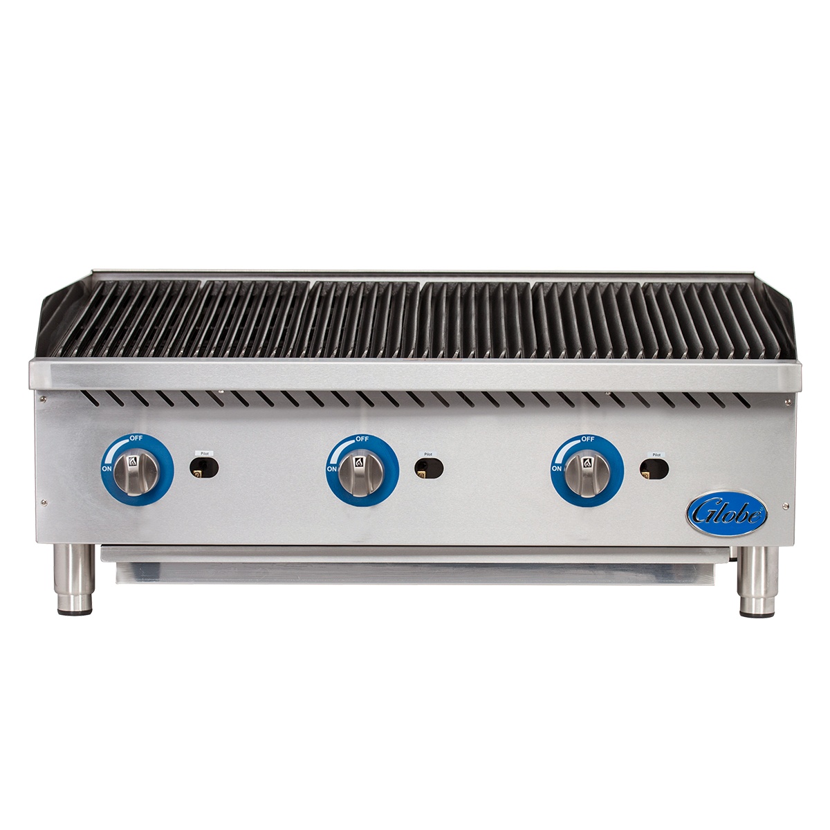 Globe GCB36G-CR gas charbroiler front view showing full cast iron cooking grates