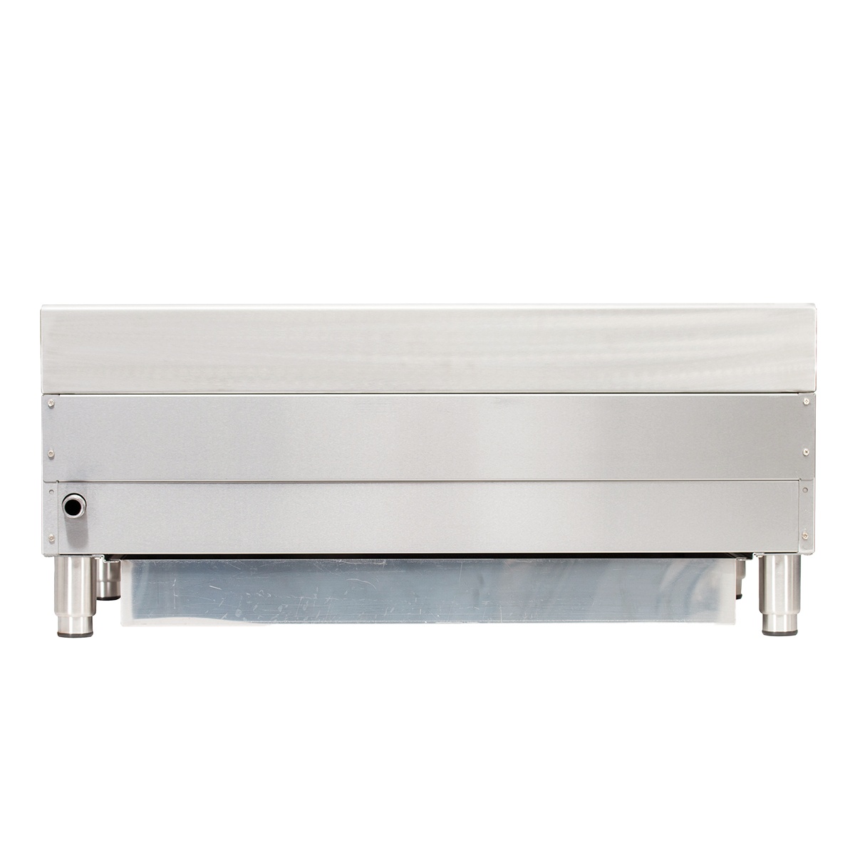 Globe GCB36G-CR gas charbroiler rear view showing backsplash and stainless body