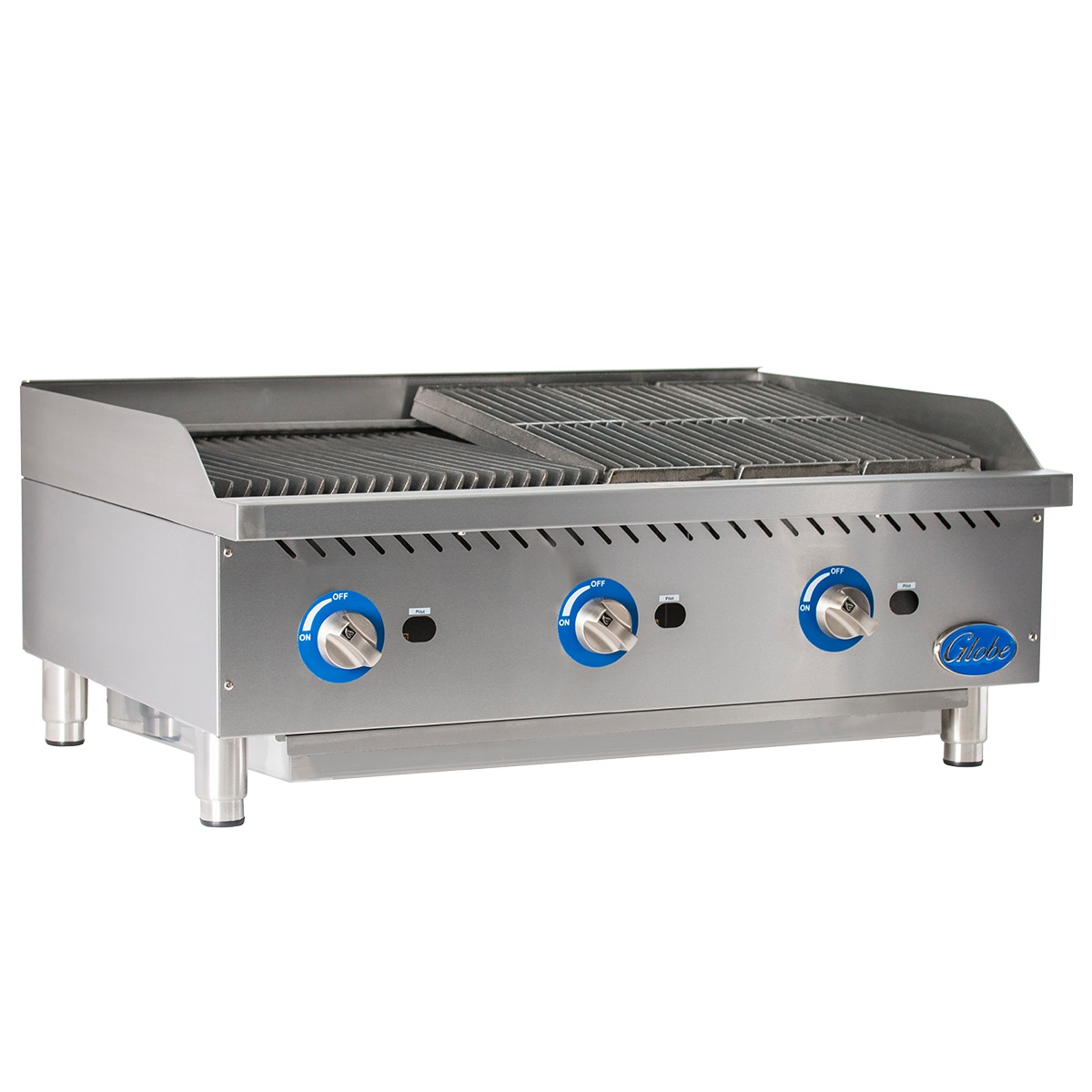 Globe GCB36G-RK 36 inch countertop gas charbroiler front view with control knobs