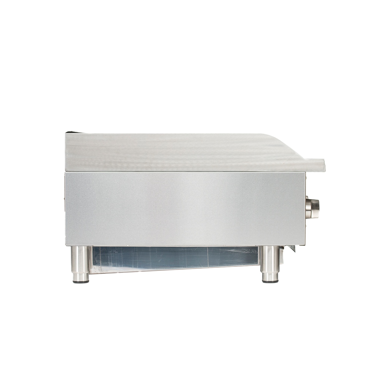 Side profile of Globe GCB36G-SR countertop charbroiler with stainless construction