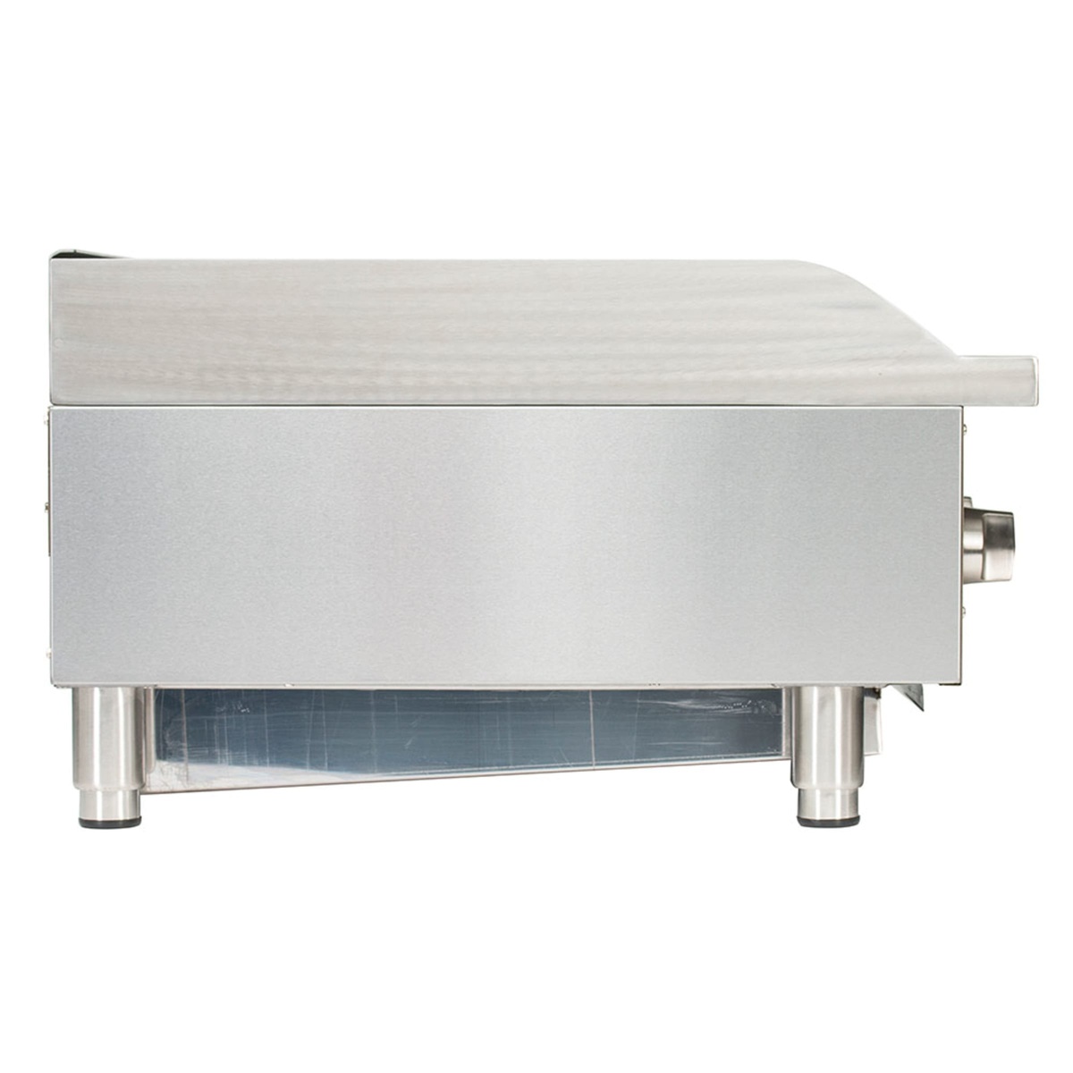 Side view of stainless steel countertop charbroiler on adjustable legs