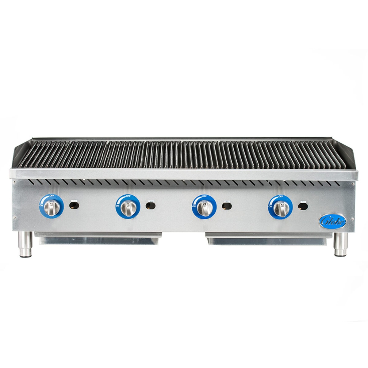 Front view of charbroiler with cast iron grates and four control knobs