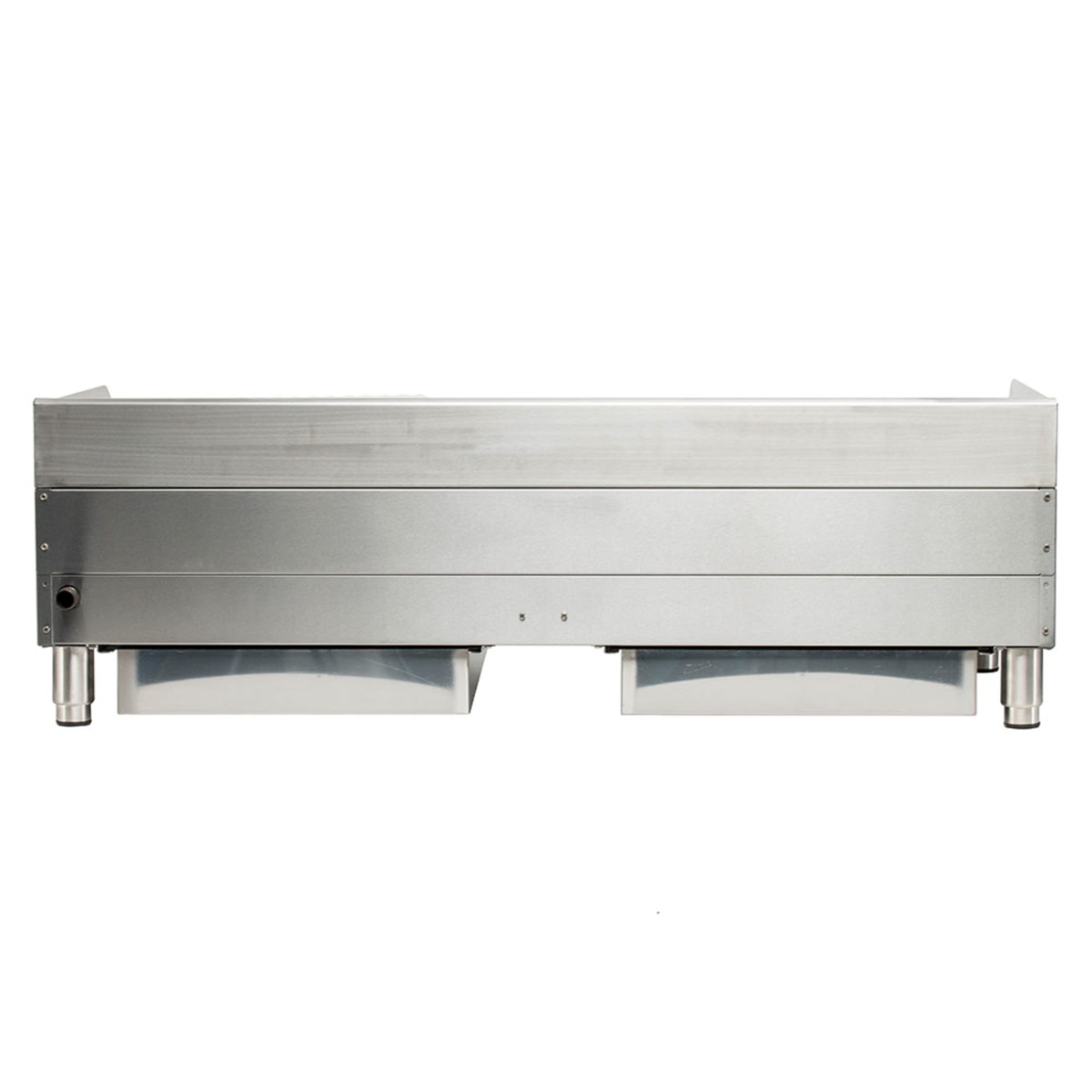 Rear view of stainless steel countertop charbroiler with backsplash
