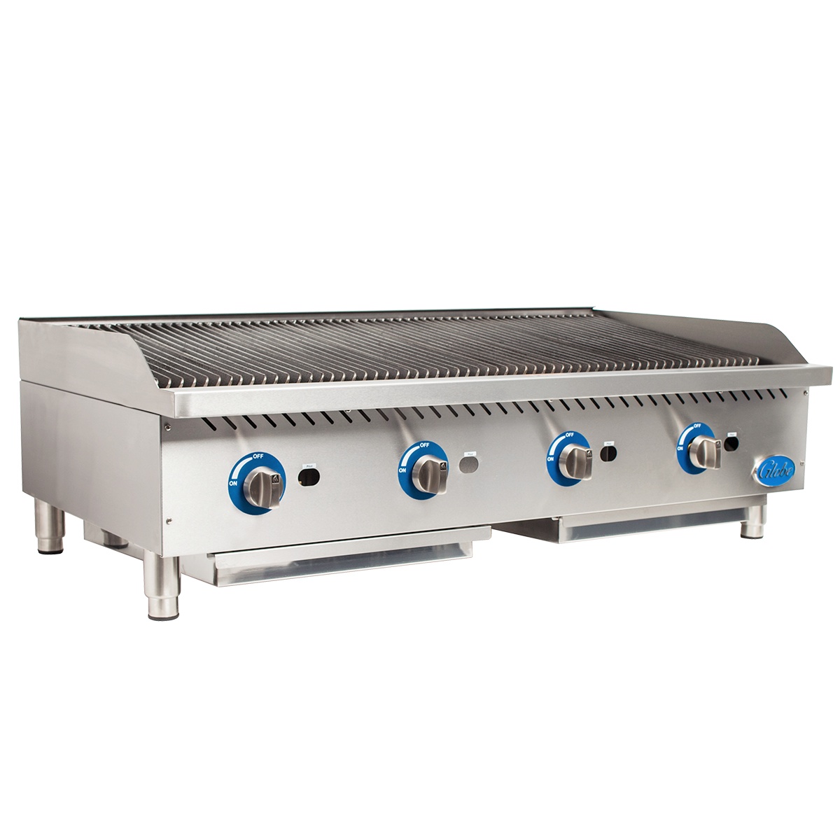 Globe GCB48G-RK 48 inch countertop gas charbroiler front angle view