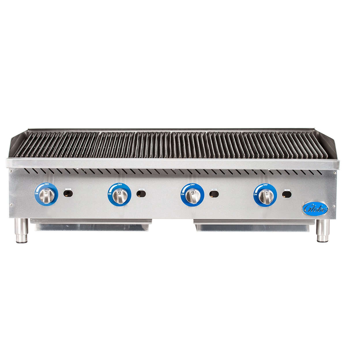 Globe GCB48G-RK 48 inch gas charbroiler front view with four control knobs