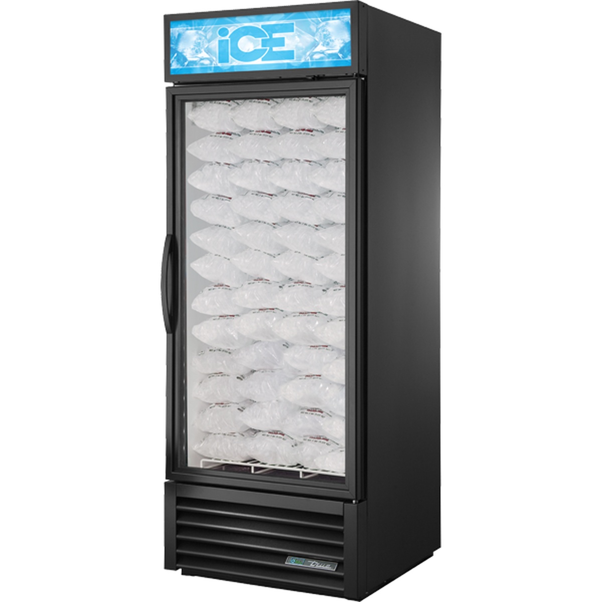 True GDIM-26NT-HC~TSL01 black single glass door indoor ice merchandiser freezer fully loaded with bags of ice