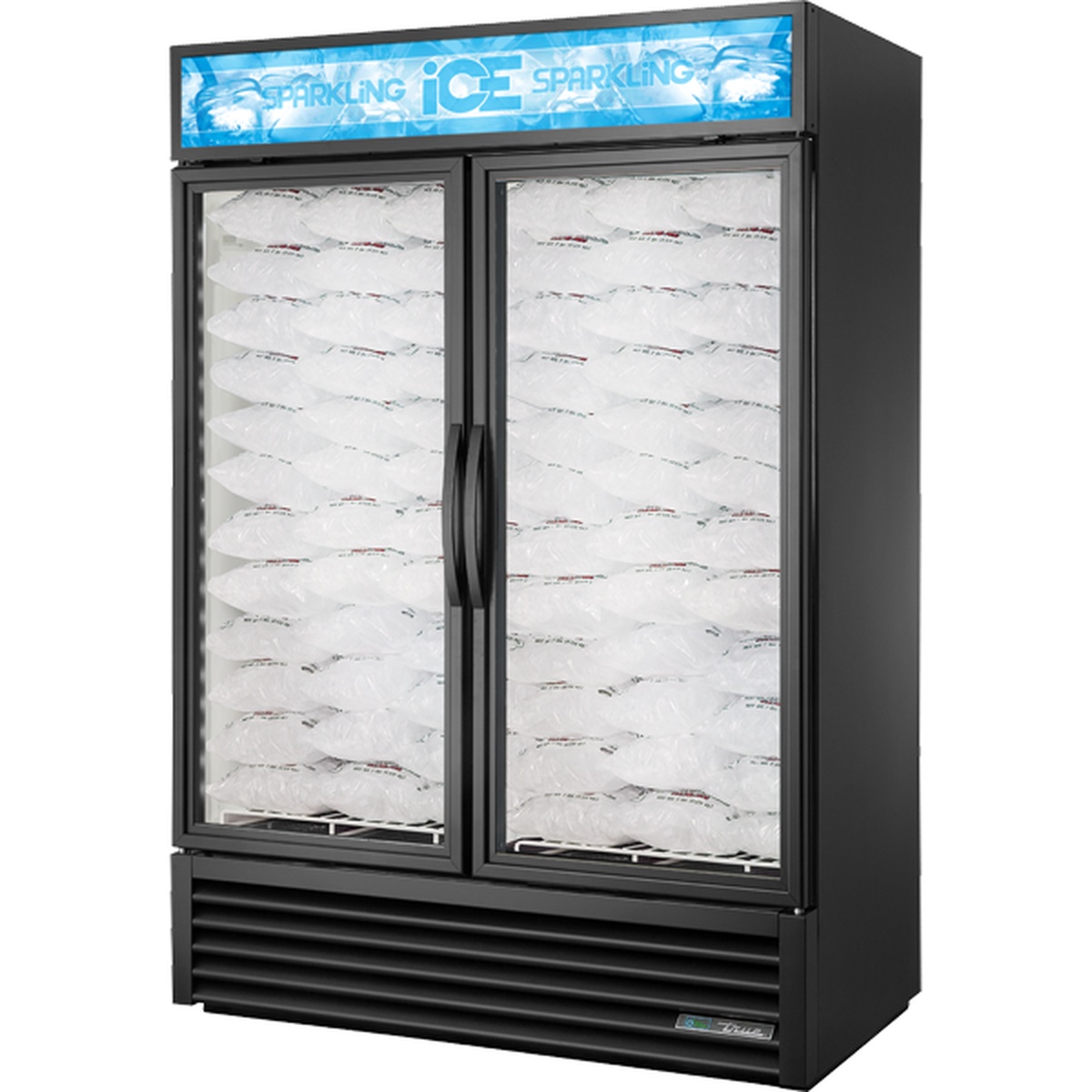 True GDIM-49NT-HC~TSL01 two-section ice merchandiser with dual glass hinged doors, black exterior, and illuminated Sparkling Ice sign panel, stocked with bagged ice