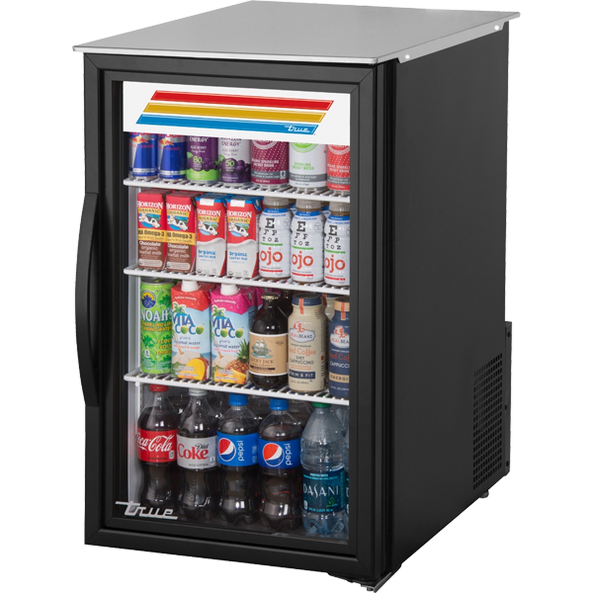 True GDM-06-34-HC~TSL01 black countertop glass door refrigerated merchandiser stocked with beverages on three shelves