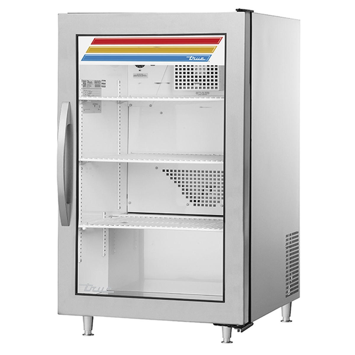 True GDM-07-HC~TSL01 stainless exterior countertop merchandiser shown empty with three adjustable white wire shelves
