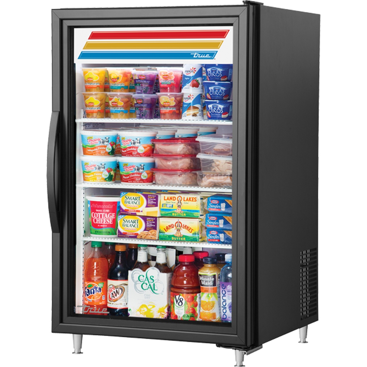 True GDM-07-HC~TSL01 black countertop merchandiser stocked with beverages, dairy, and packaged foods on four shelves