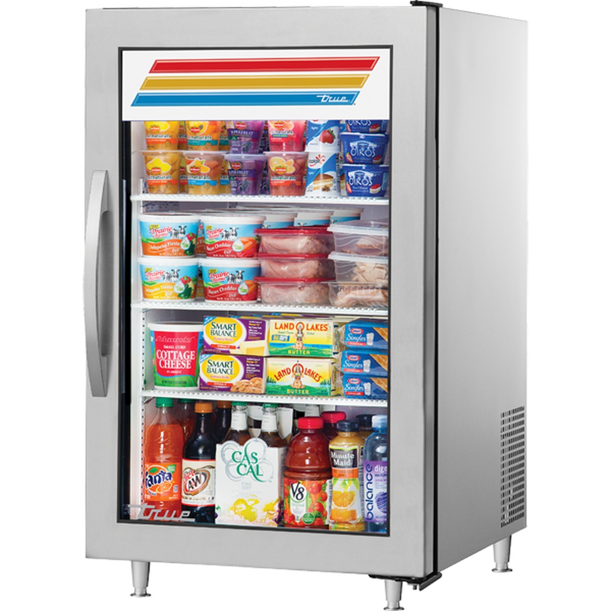 True GDM-07-S-HC~FGD01 stainless steel countertop glass door merchandiser refrigerator stocked with beverages, dairy, and grab-and-go items on three adjustable shelves