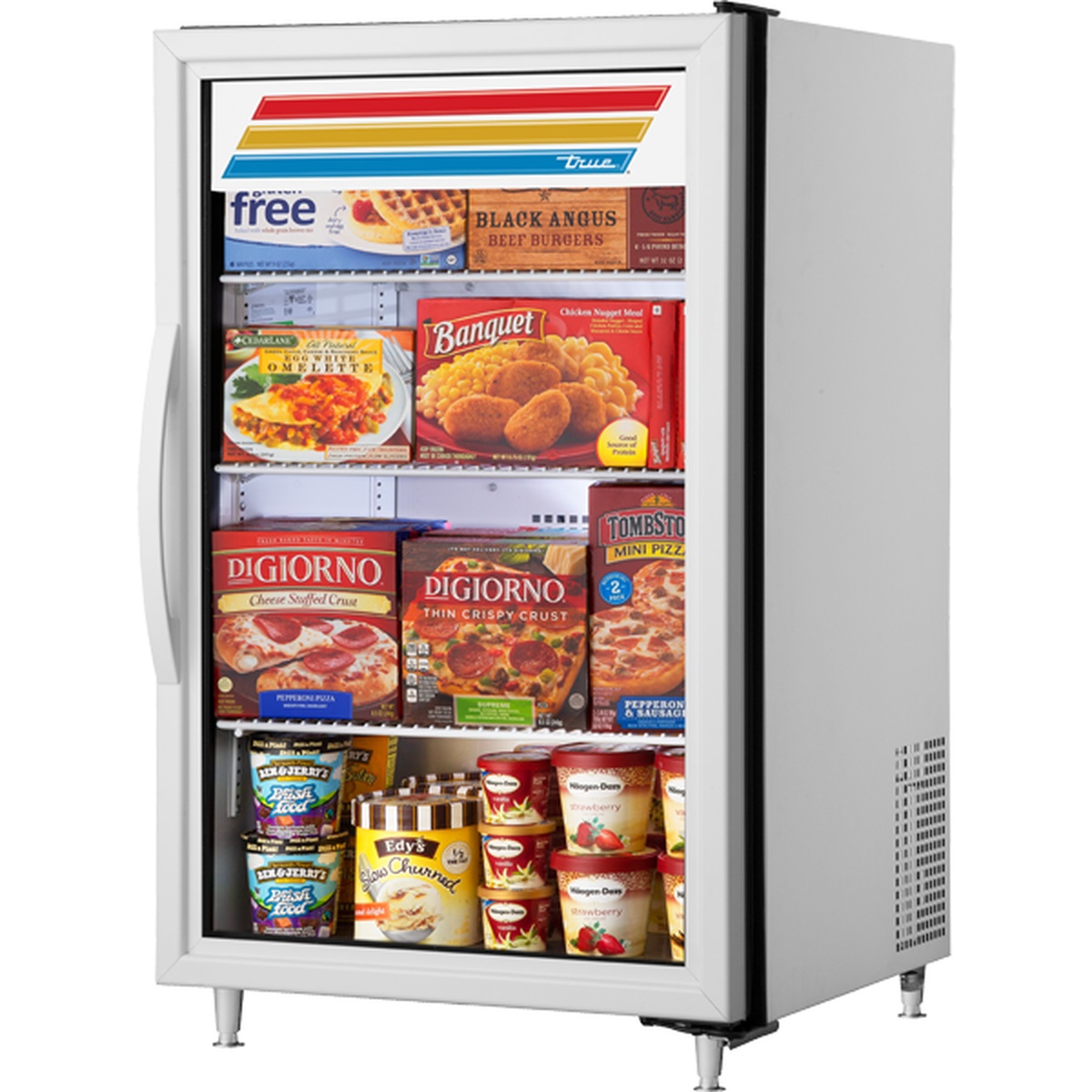 True GDM-07F-HC~TSL01 countertop freezer merchandiser with triple-pane glass door stocked with frozen food products
