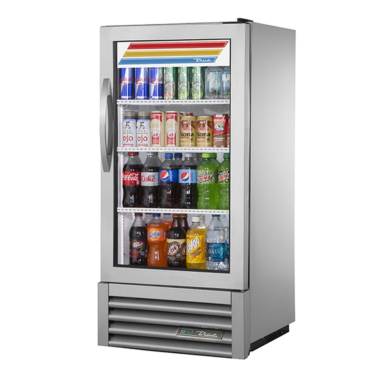 True GDM-08-HC~TSL01 one-section glass door merchandiser in stainless steel exterior finish, stocked with assorted canned and bottled beverages