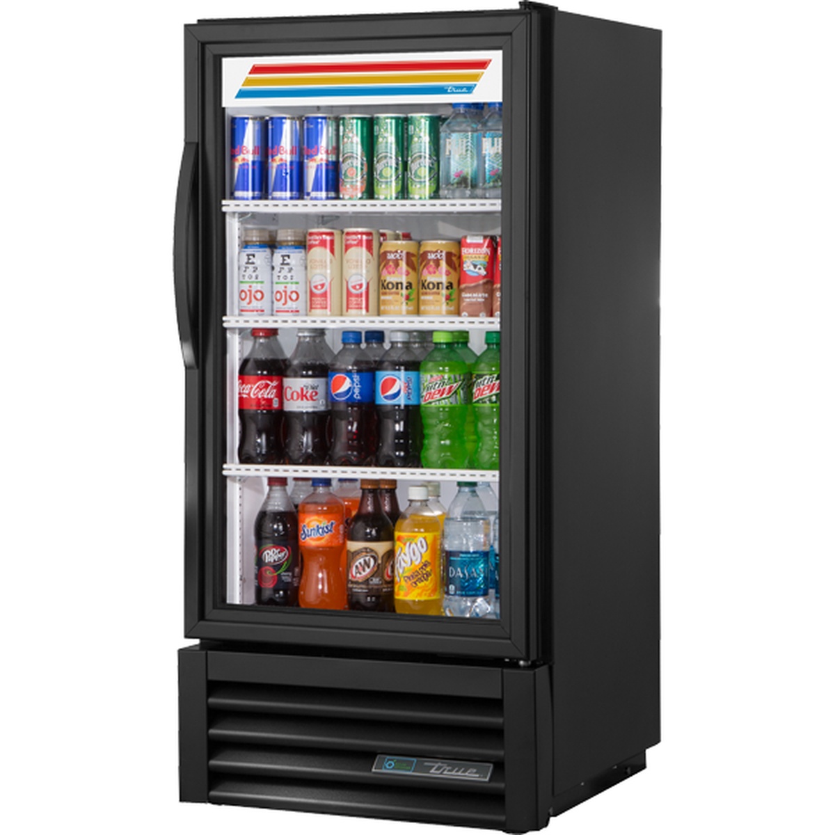 True GDM-08-HC~TSL01 one-section glass door merchandiser in black powder-coated finish, fully stocked with canned and bottled beverages on four shelves